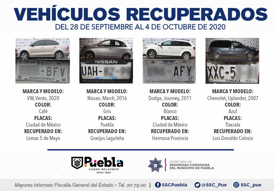 Recuperó Policía Municipal de Puebla siete vehículos con reporte de robo.