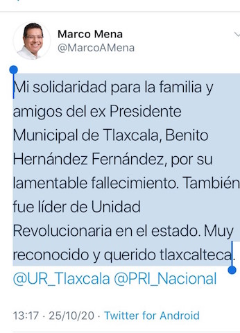 Marco Mena manda condolencias por muerte de ex edil de Tlaxcala