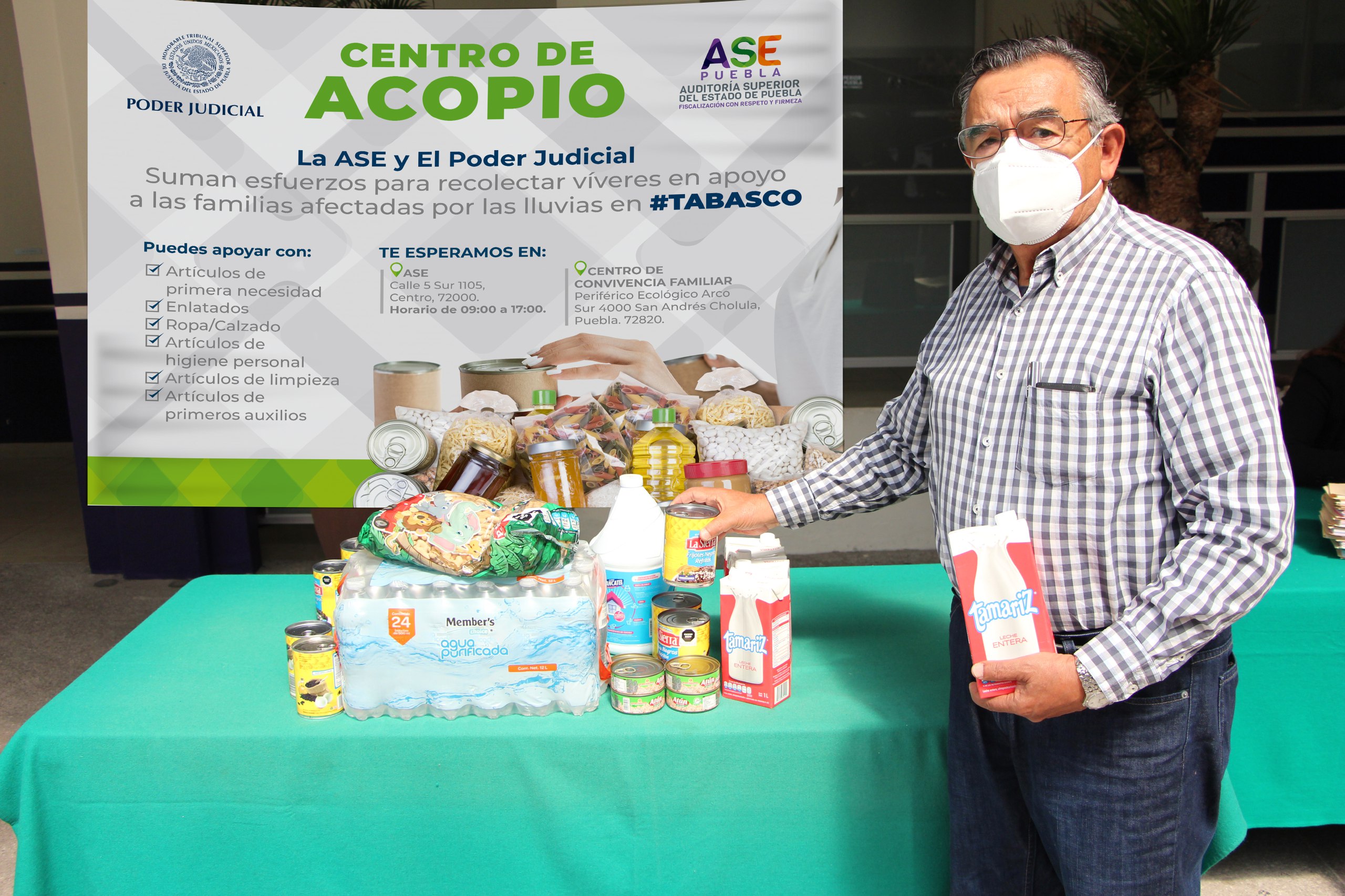 La ASE y el poder judicial del estado de Puebla suman esfuerzos para recolectar víveres en apoyo a las familias afectadas por lluvias en Tabasco.