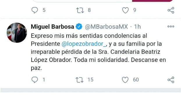 Miguel Barbosa y Marco Mena mandan condolencias al presidente López Obrador por la muerte de su hermana Candelaria