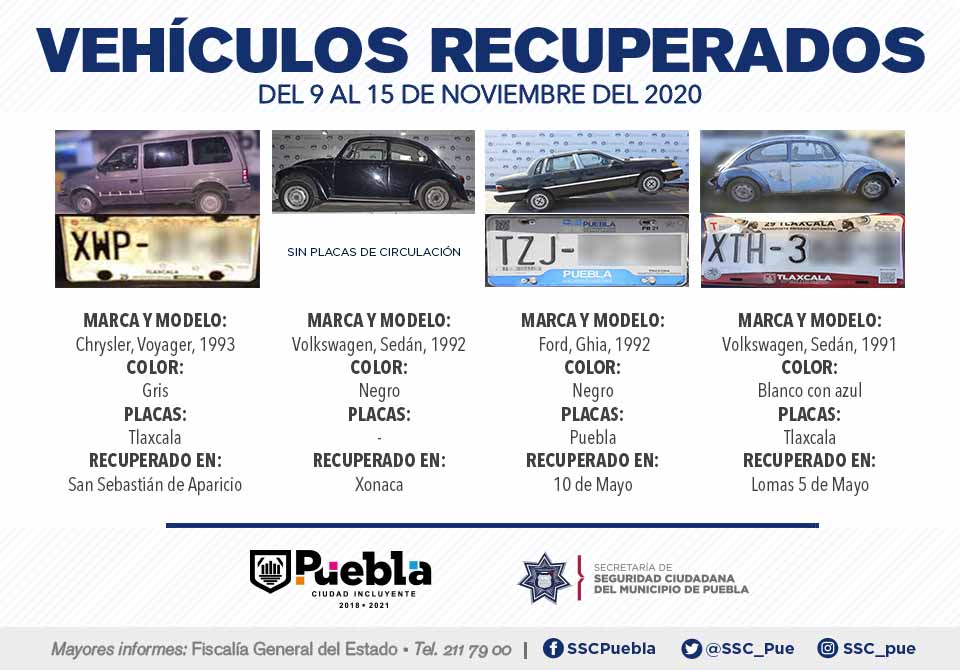 Recuperó Policía Municipal de Puebla ocho vehículos con reporte de robo.