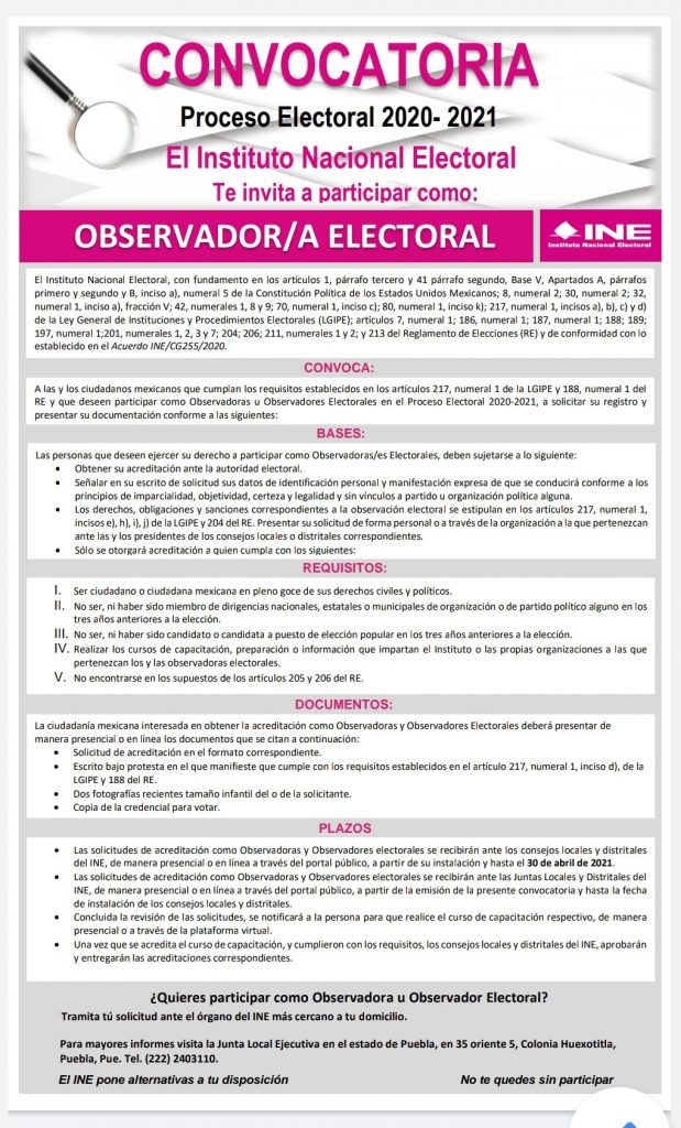 Invita INE Puebla a la ciudadanía a participar como observadores/as electorales en las elecciones 2021