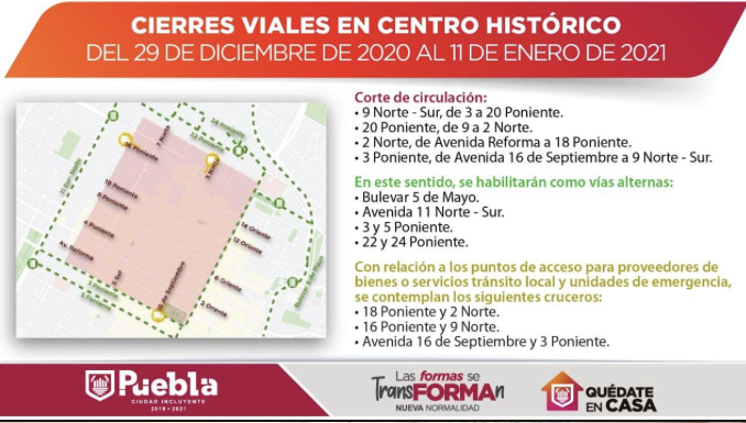 Ayuntamiento de Puebla cierra a la circulación vehicular calles del Centro Histórico
