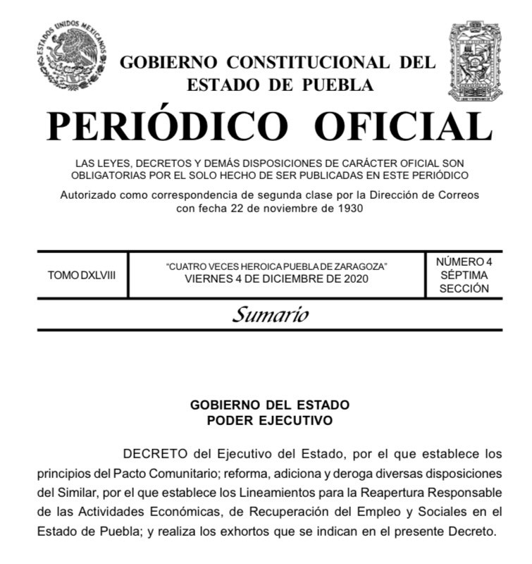 Emite gobierno de Puebla el decreto con los nuevos lineamientos de apertura