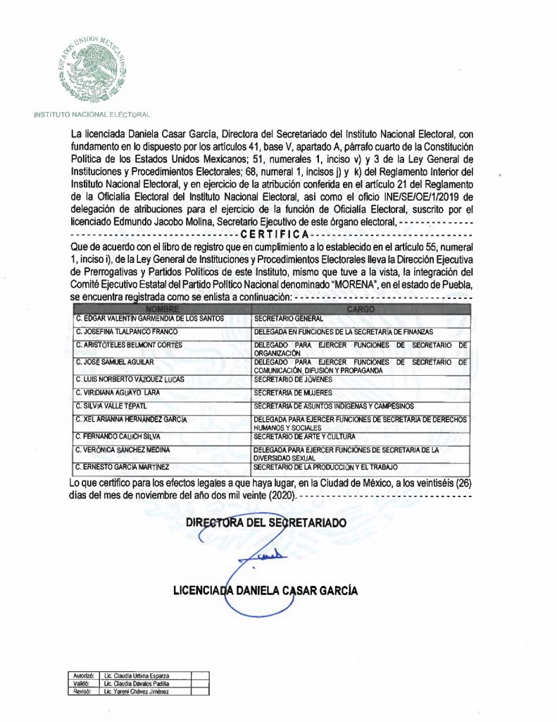 Ratifica INE atribuciones de la dirigencia morenista encabezada por Edgar Garmendia, para dirigir los trabajos partidistas del movimiento rumbo al 2021