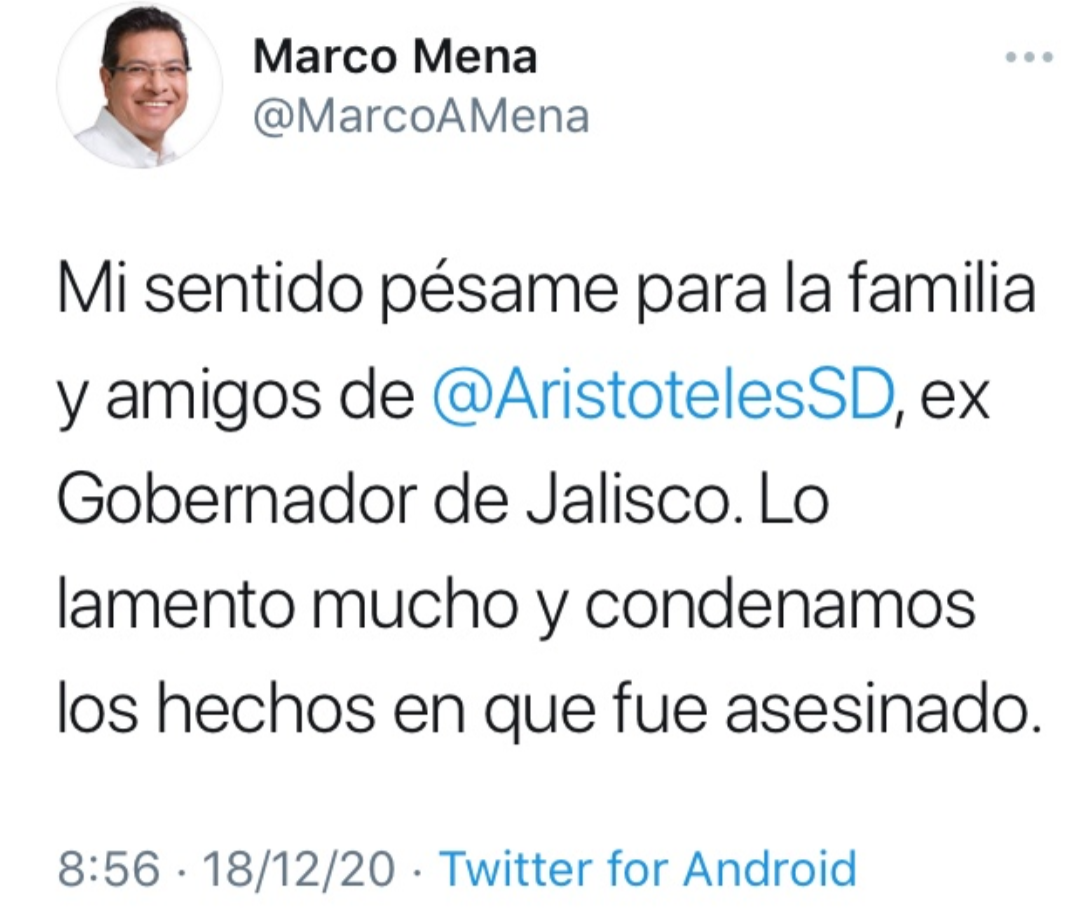 Marco Mena, gobernador de Tlaxcala manda sus condolencias a la familia de Aristóteles Sandoval, asesinado en Puerto Vallarta