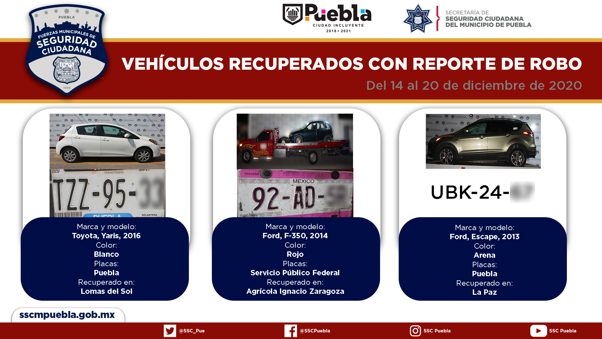 En el marco del operativo Guadalupe-reyes, recuperó Policía Municipal de Puebla 14 vehículos con reporte de robo