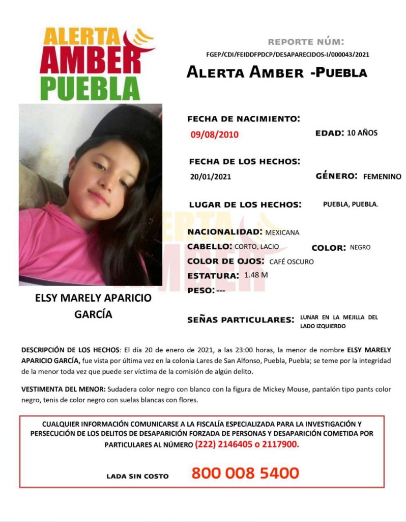 Fiscalía de Puebla activa Alerta Amber para localizar a menor de 10 años de edad