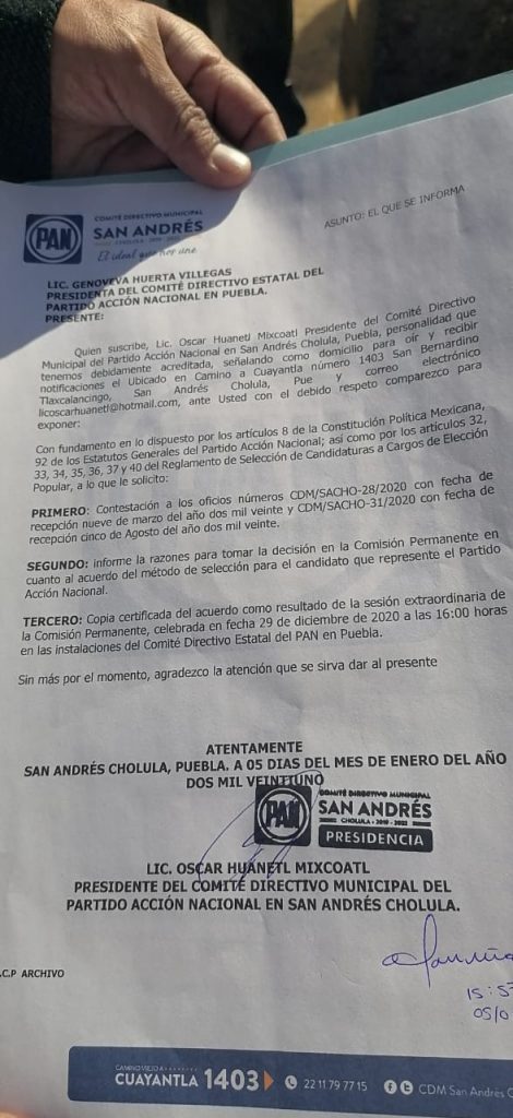 Video desde Puebla: Dirigencia del PAN en San Andrés Cholula rechaza imposición de Genoveva Huerta en candidaturas