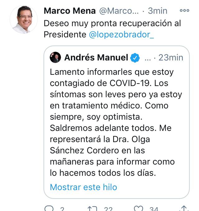 Pronta recuperación, desea Marco Mena a AMLO desde Tlaxcala