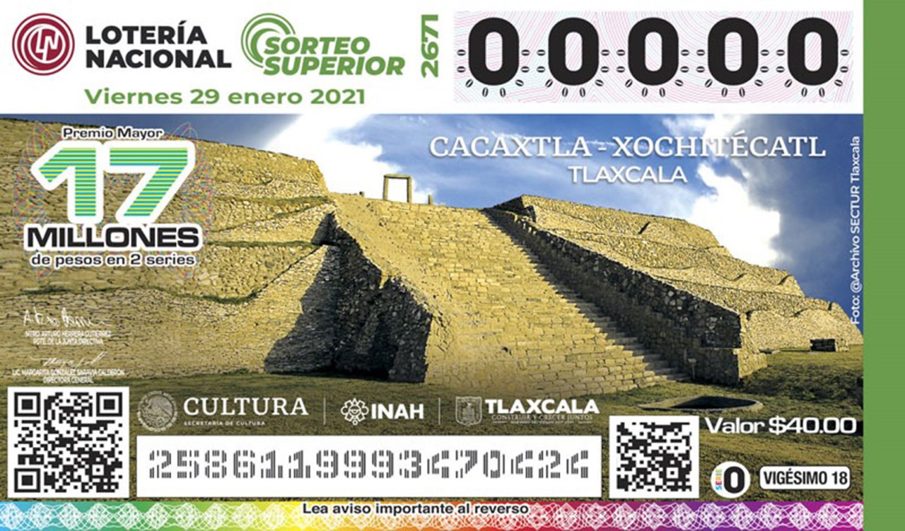 Secture y Lotería Nacional presentan billete alusivo a la zona Cacaxtla-Xochitécatl