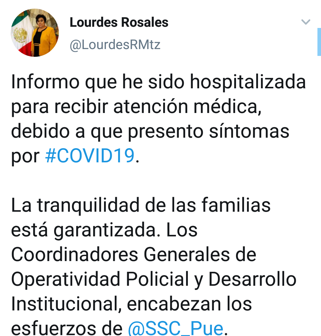 Titular de la SSC de Puebla es hospitalizada por presentar síntomas del covid-19