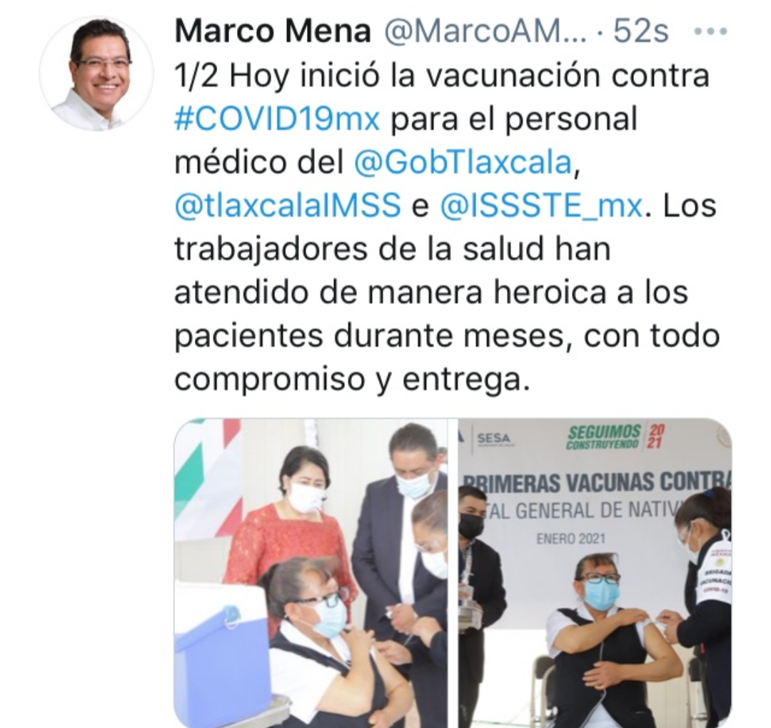 Desde Tlaxcala: Ya comenzó a vacunarse al personal médico del estado, confirmó Marco Mena