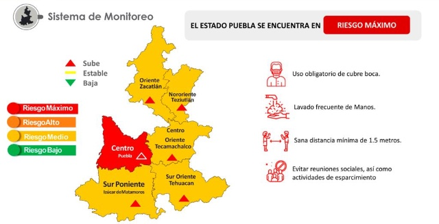 Ante pandemia covid-19, Puebla capital y zona conurbada en color rojo