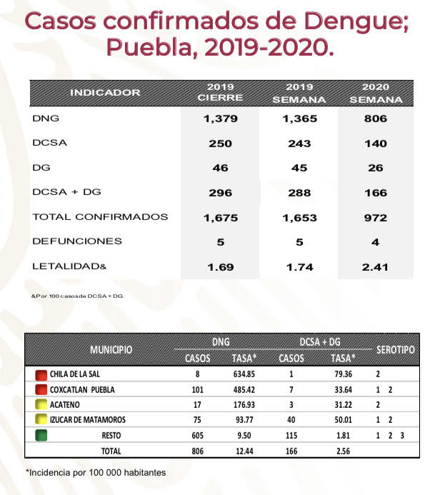 Puebla, octavo lugar del país con más casos de dengue confirmados en 2020