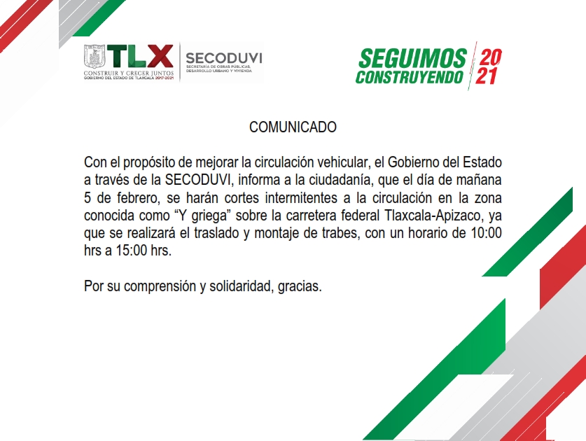 Anuncia SECODUVI cierre intermitente de la carretera Tlaxcala-Apizaco para colocar trabes en Ocotoxco.