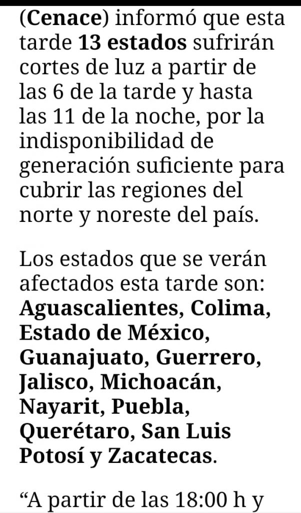Apagones en varios estados este martes a partir de las 6 pm: Canace