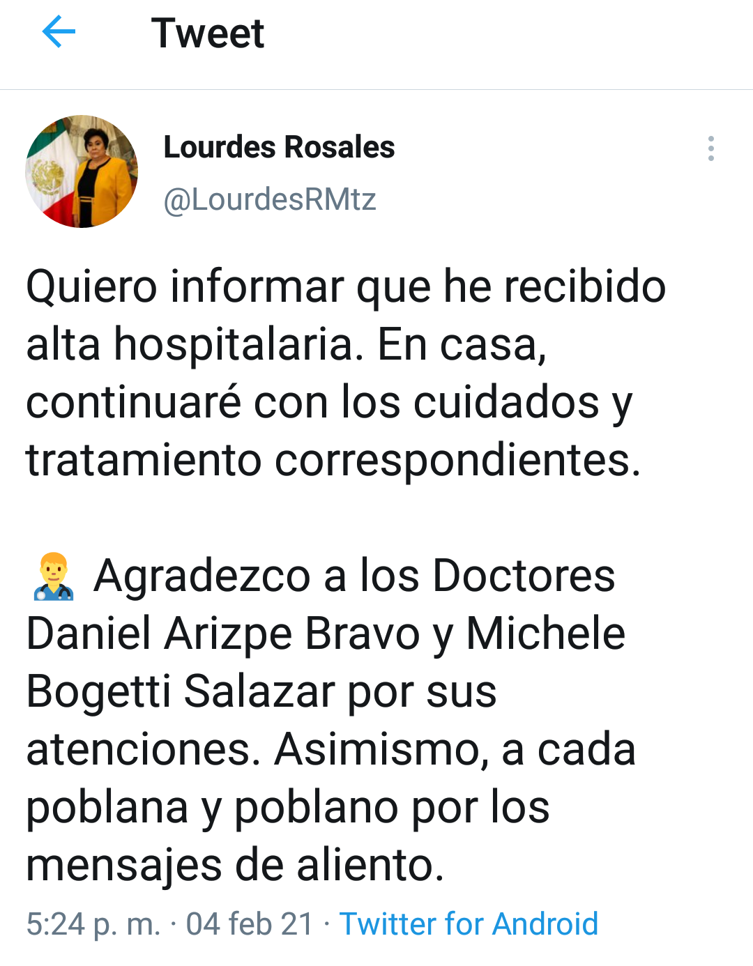 Rosales Martínez es dada de alta tras estar hospitalizada por covid-19