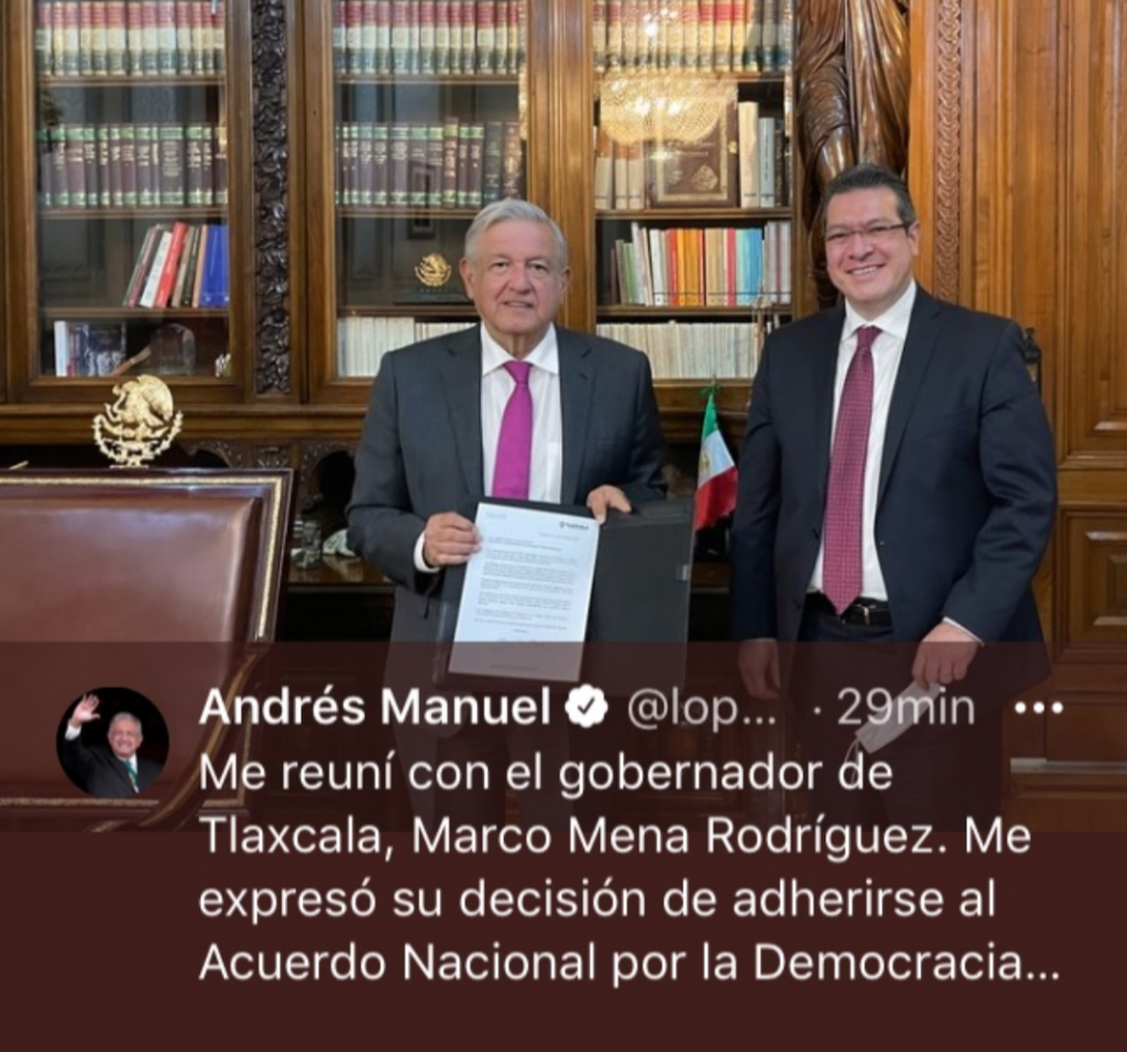 Tlaxcala, primer estado en sumarse al Acuerdo Nacional por la Democracia: AMLO