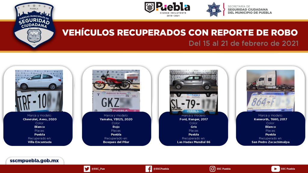 En una semana, recuperó la policía municipal de Puebla ocho vehículos.