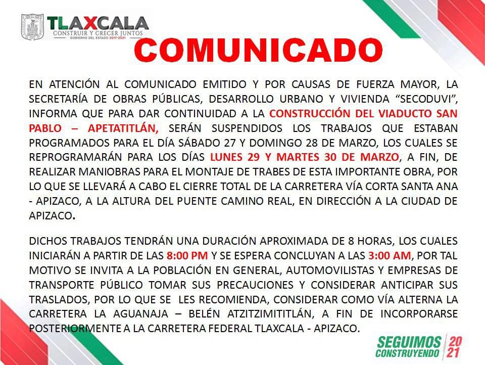 Desde Tlaxcala: Secoduvi reprograma colocación de trabes del viaducto San Pablo-Apetatitlán