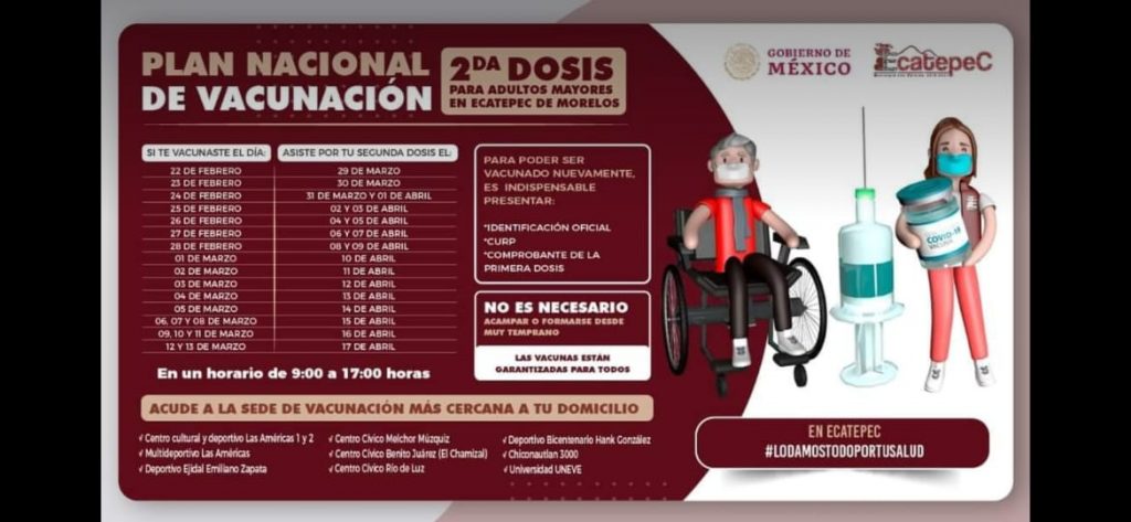 Mañana inicia segunda etapa de vacunación anticovid19 para adultos mayores en Ecatepec