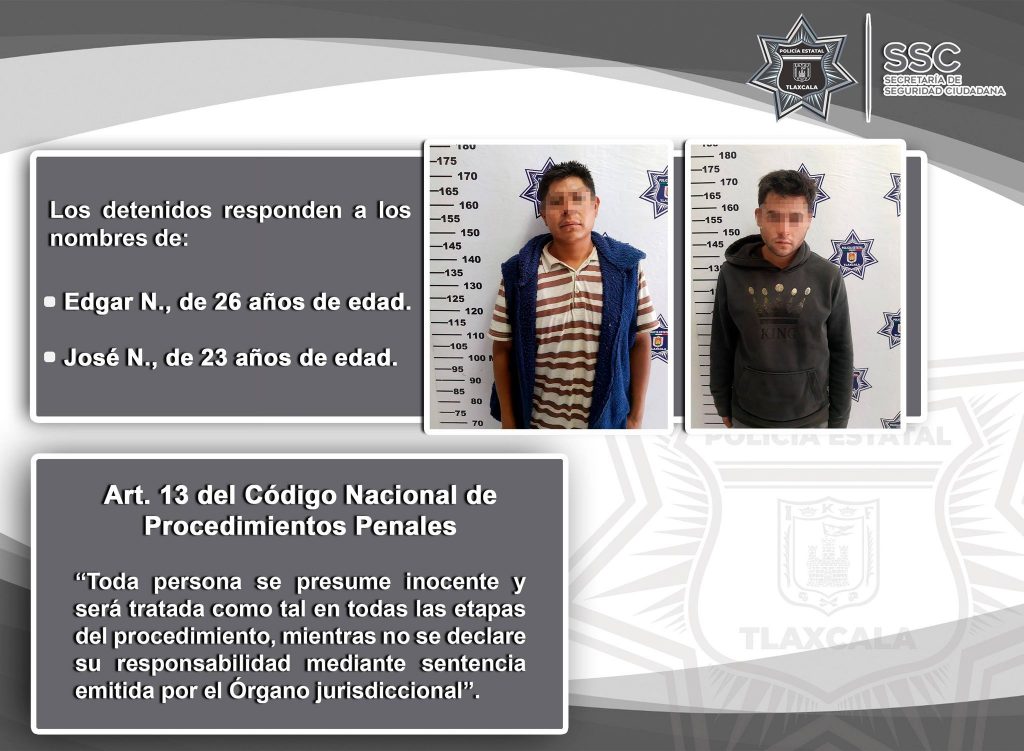 Policía estatal detiene en Tzompantepec a dos sujetos por el probable delito de robo