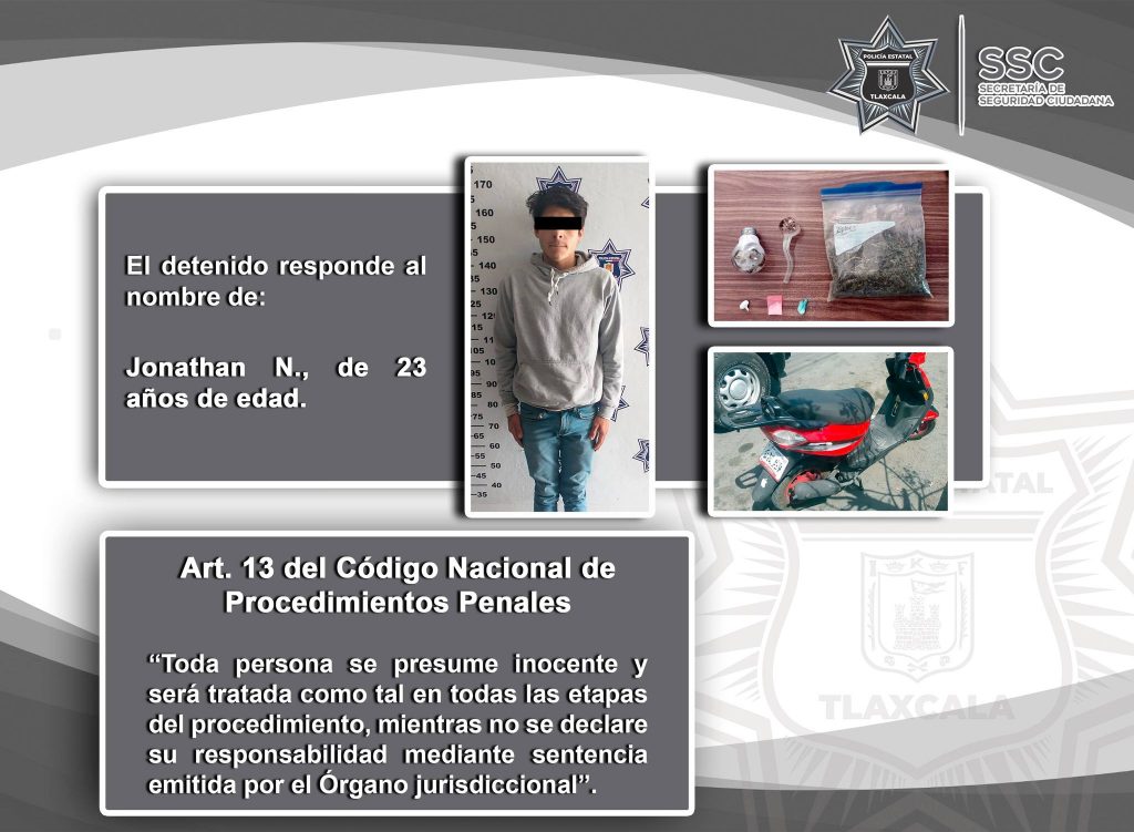 Policía Estatal detiene en Apizaco a sujeto por posesión de droga