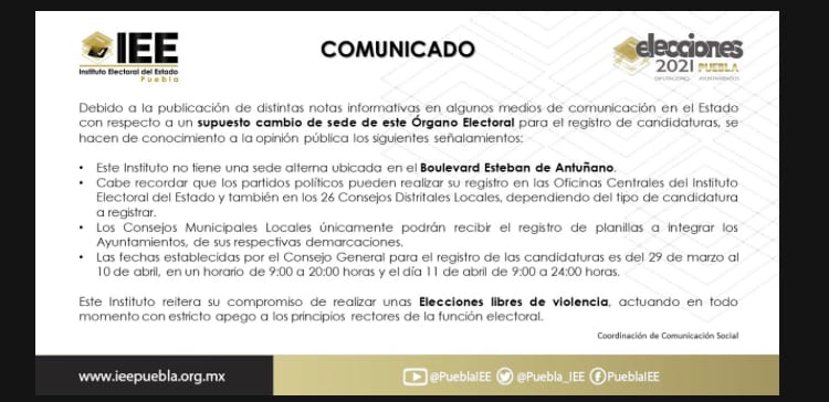 Instituto Electoral de Puebla aclara que no tiene sedes alternas y dónde más pueden registrarse los candidatos