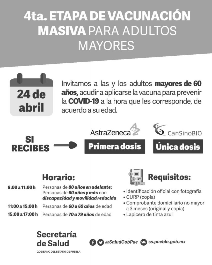 Hoy único día de vacunación en 70 municipios de Puebla