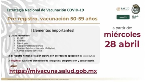 Inicia el prerregistro de vacunación para personas de 50 a 59 años contra covid-19