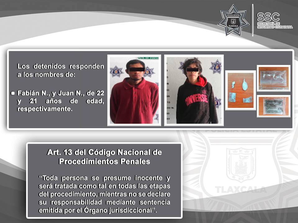 La SSC detiene en Xaloztoc a dos sujetos por posesión de sustancias ilegales