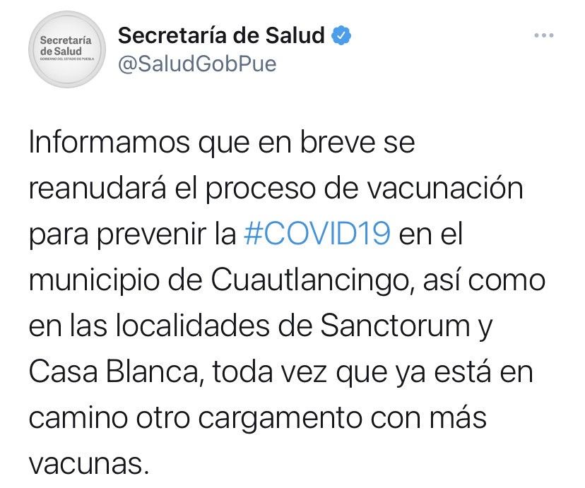 Se terminan las vacunas anticovid en dos municipios de Puebla