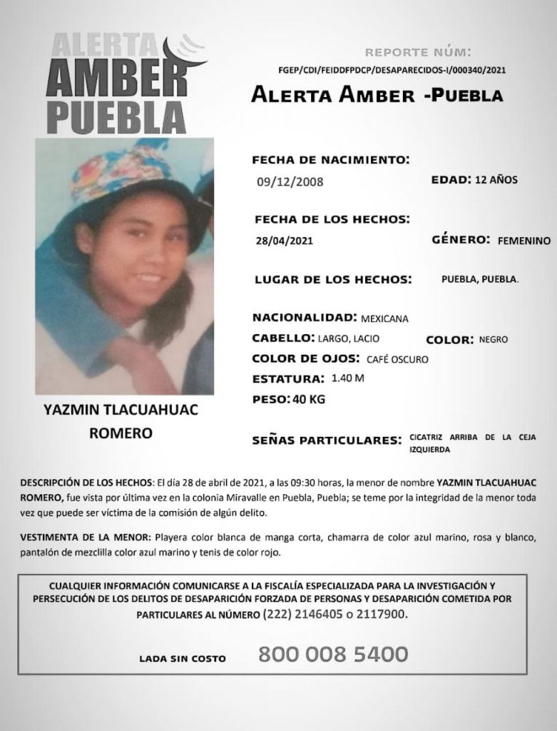 Fiscalía de Puebla activa Alerta Amber para localizar a menor de 12 años