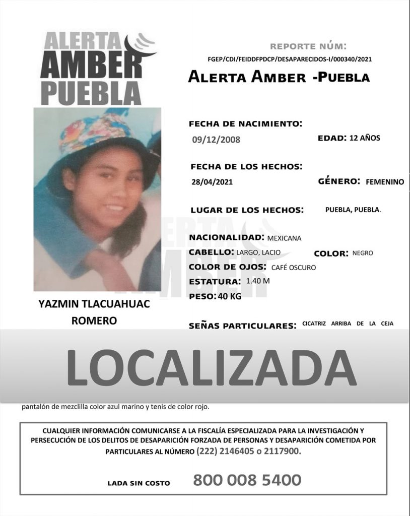 Resultado de Alerta Amber se localizó a menor de 12 años de edad