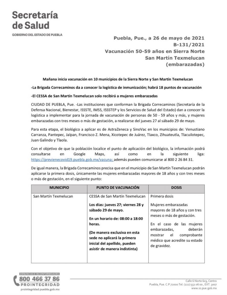 Mañana inicia la vacunación contra el covid en 11 municipios poblanos