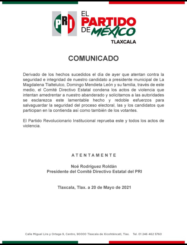 PRI Tlaxcala denuncia intimidación contra su candidato en Santa Magdalena
