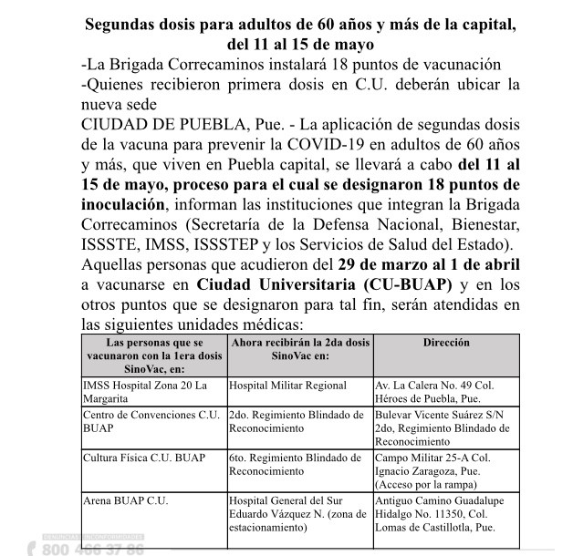 Comienza aplicación de la 2da dosis de vacuna anti covid-19 a mayores de 60 años en Puebla capital