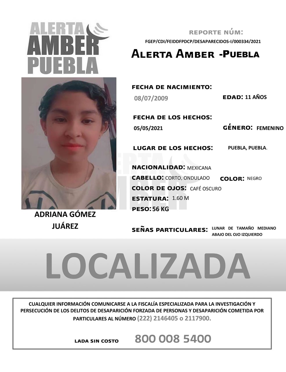 Fiscalía localizó ilesa a Adriana de 11 años de edad