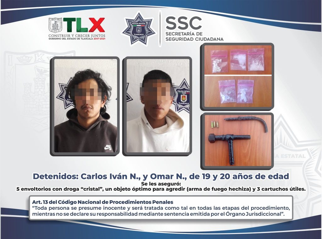 Desde Tlaxcala: SSC detiene en Xalostoc a dos personas y asegura arma de fuego y droga