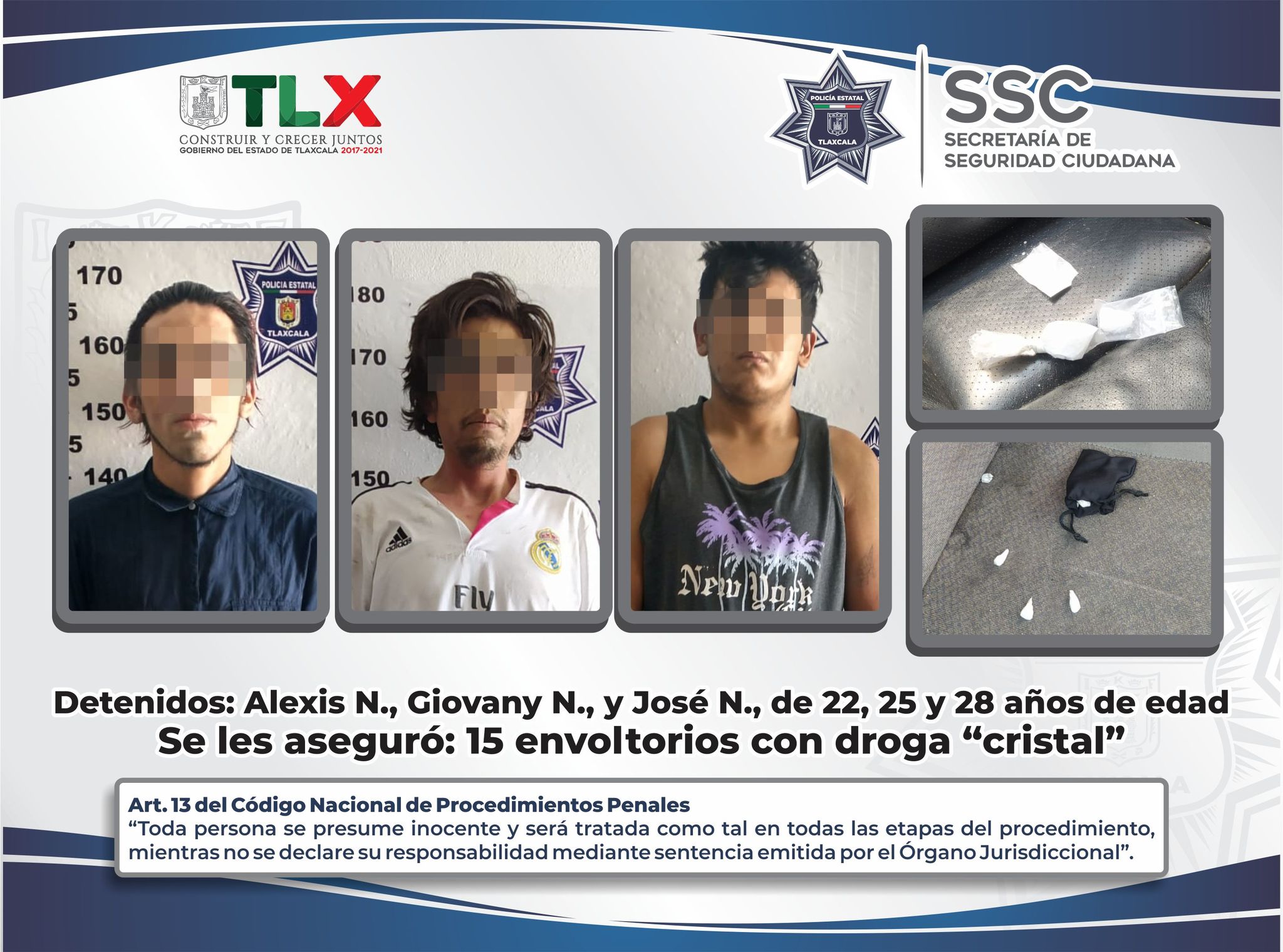 Desde Tlaxcala SSC detiene en Tetla a tres personas por posesión de narcóticos