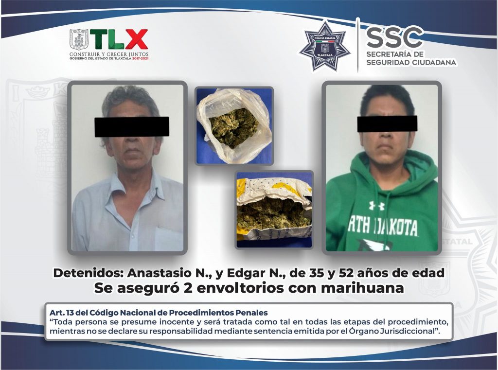 Desde Tlaxcala: SSC detiene en la capital a dos sujetos por posesión de marihuana