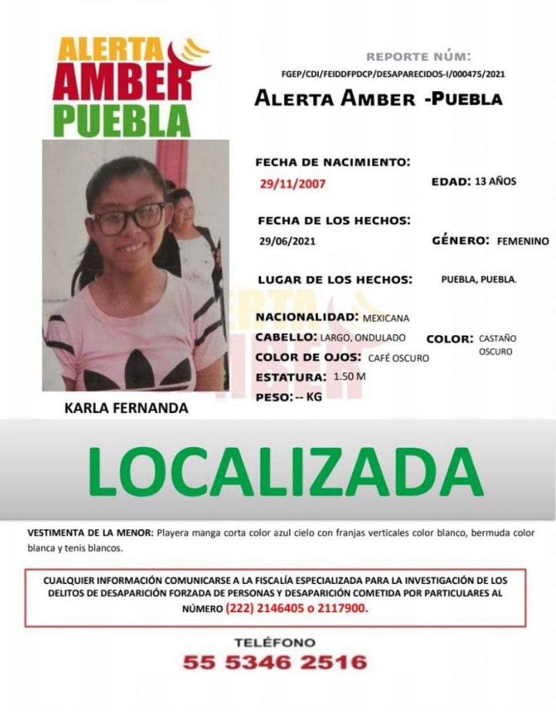 A través de Alerta Amber se localizó a Karla Fernanda de 13 años