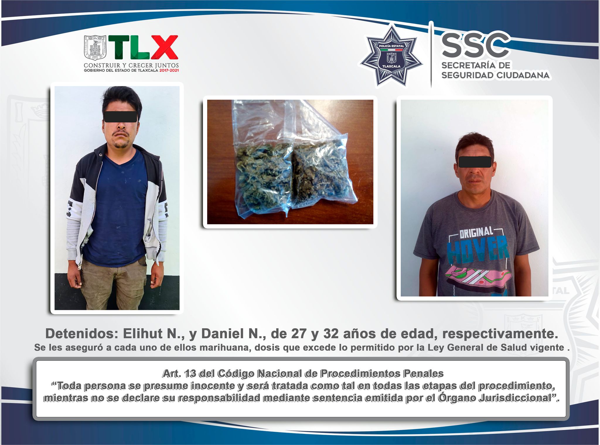 Desde Tlaxcala: SSC detiene en acciones diferentes a dos sujetos por posesión de enervantes