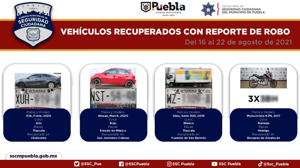 Se recuperan en Puebla capital 12 vehículos robados y 13 más usados en diversos delitos: SSC