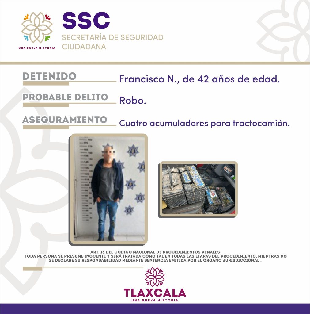 La SSC detuvo en Apizaco a una persona por el probable delito de robo