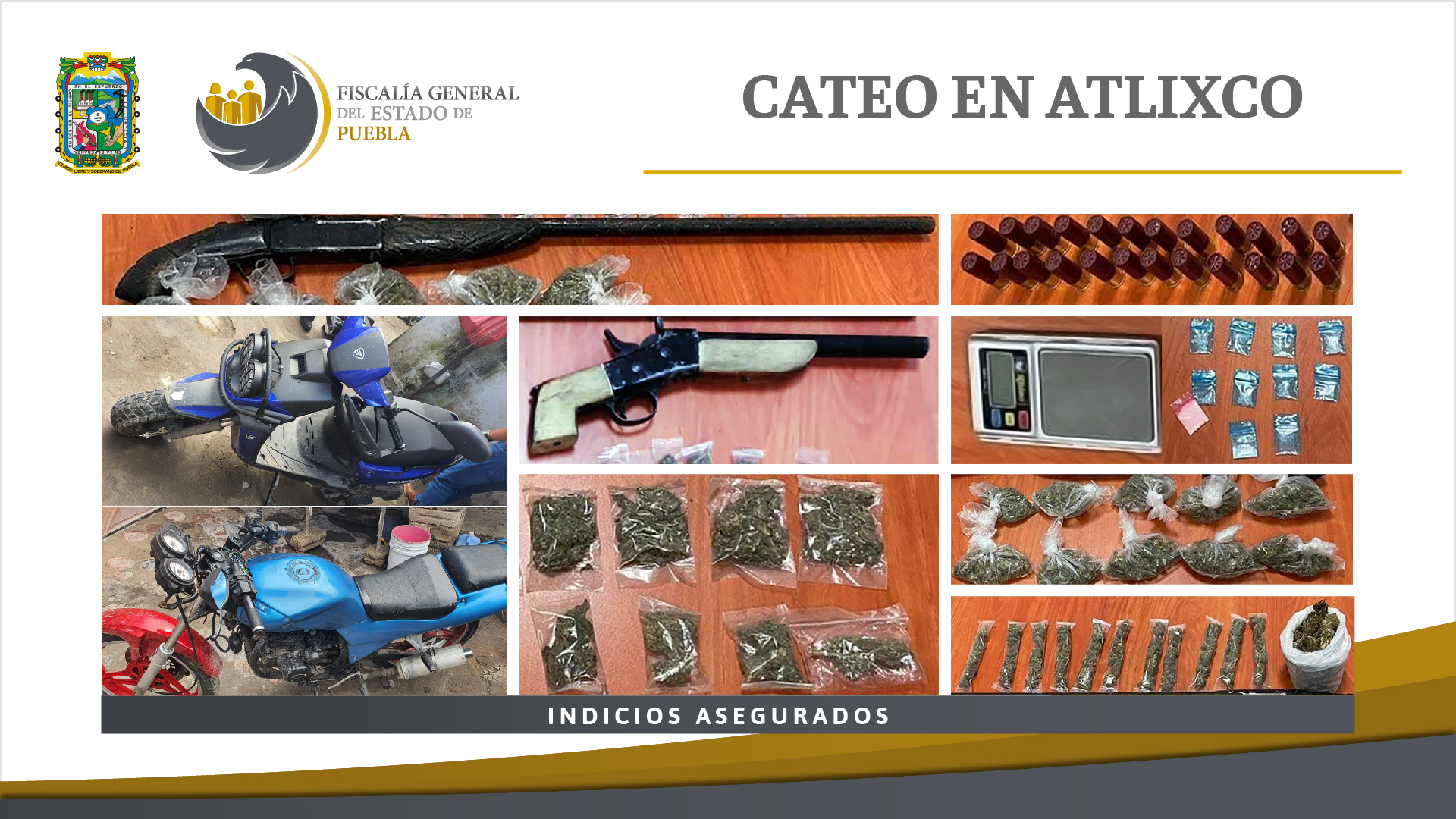 En cateo en Atlixco, FGE aseguró droga y motocicletas presuntamente robadas