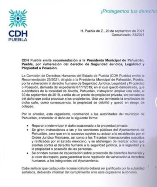 Por daño a la propiedad privada CEDH emite recomendación al ayuntamiento de Pahuatlán