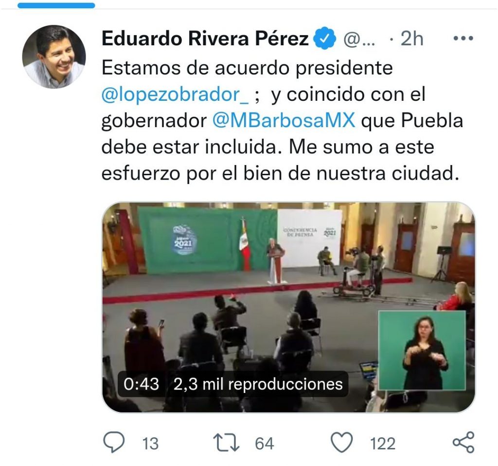 Rivera Pérez pidió que Puebla capital sea incluida en programa de restauración de calles de AMLO