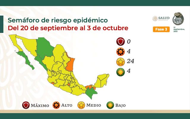 Semáforo Covid: 75% de las entidades en amarillo; cuatro estados en verde